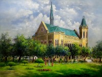 Hanif Shahzad, Frere Hall - Karachi, 27 x 36 Inch, Oil on Canvas, Landscape Painting, AC-HNS-104